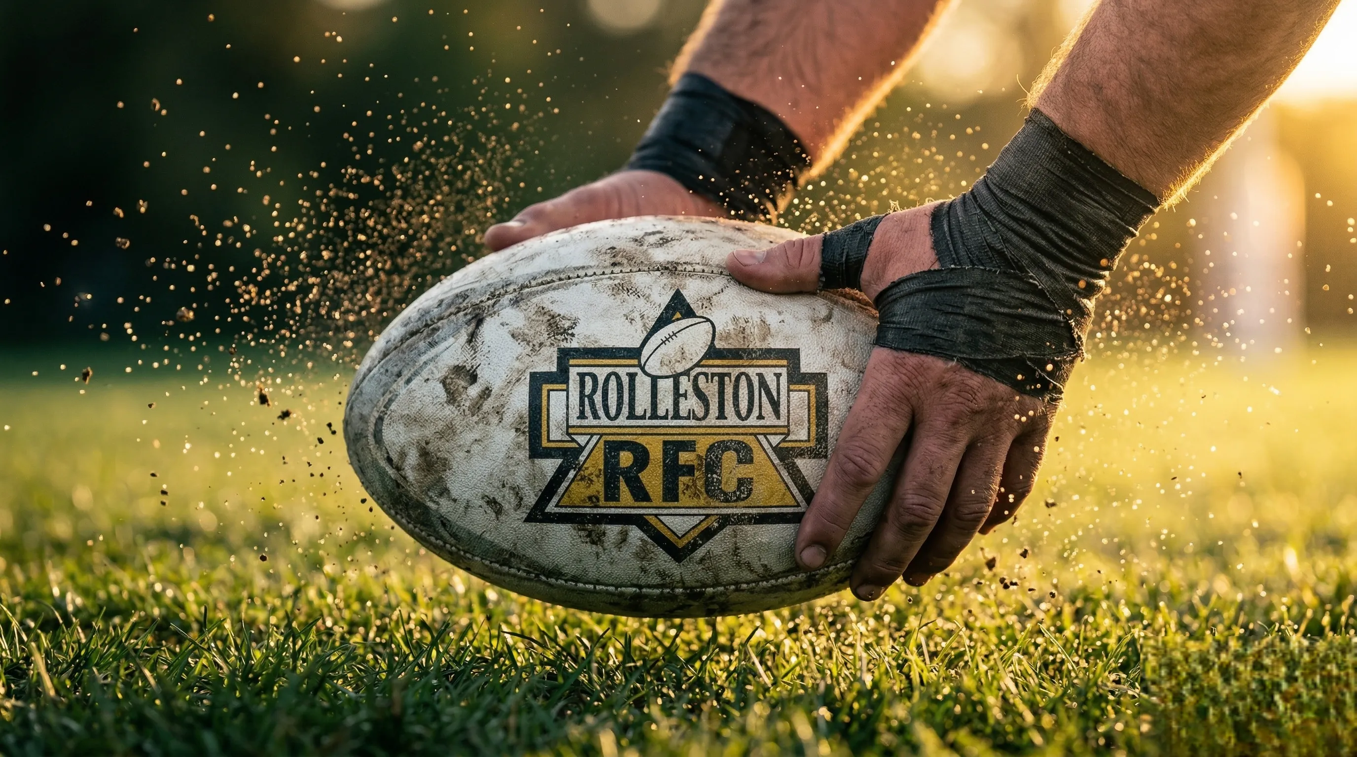 Rugby ball with Rolleston RFC logo on grass